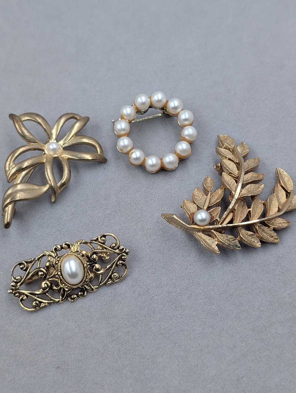 Vintage Style Gold Tone Pearl Brooch Lot Botanical Floral Set of 4 | 0934